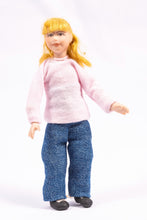 Load image into Gallery viewer, Modern Porcelain Little Girl Doll in Pink Sweater & Blue Jeans Blonde Hair Artisan Made Cindy Cook Contemporary