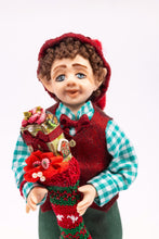 Load image into Gallery viewer, Christmas Elf Porcelain Doll in Checkered Shirt Holding Knitted Stocking Filled with Toys Artisan Made Debra Hammond