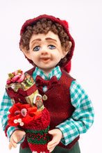 Load image into Gallery viewer, Christmas Elf Porcelain Doll in Checkered Shirt Holding Knitted Stocking Filled with Toys Artisan Made Debra Hammond