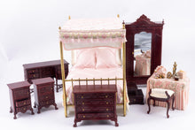 Load image into Gallery viewer, 9 Piece Bedroom Set with Brass Canopy Bed and Pink Linens
