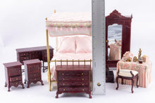 Load image into Gallery viewer, 9 Piece Bedroom Set with Brass Canopy Bed and Pink Linens

