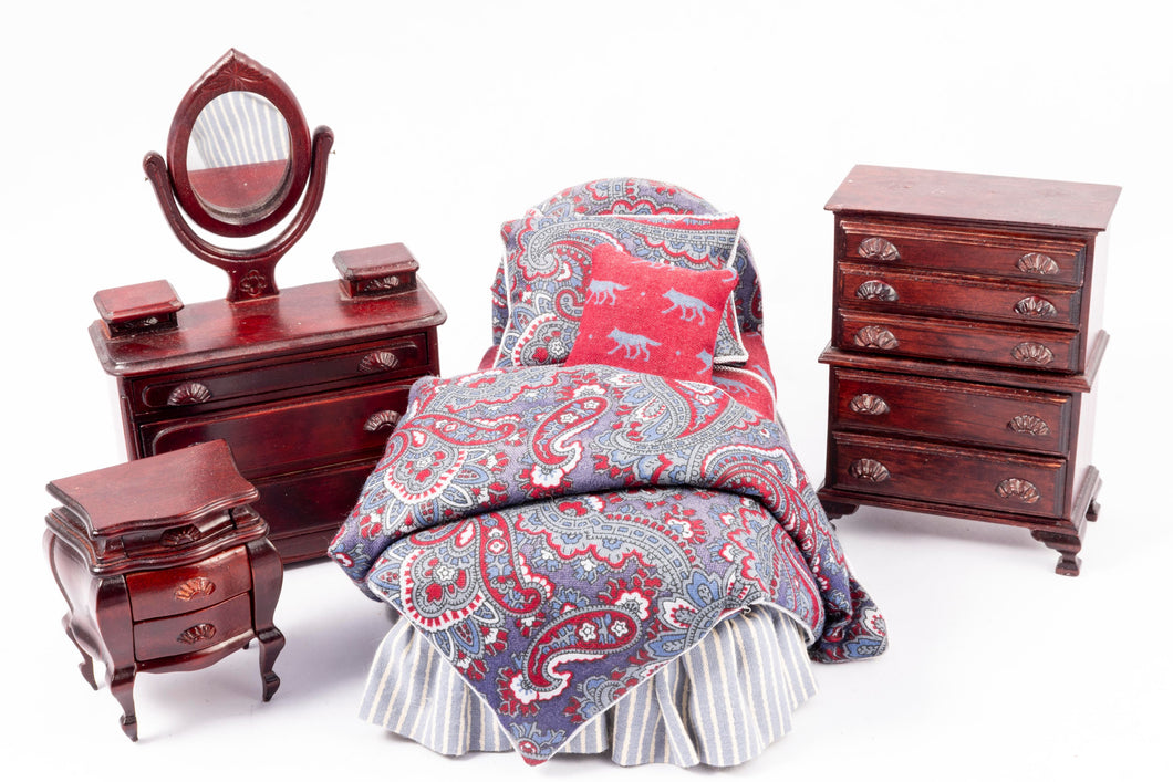 4 Piece Bedroom Set with Red & Blue Linens