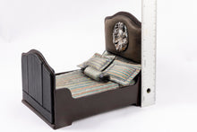 Load image into Gallery viewer, Black Faux Leather Bed with Striped Linens
