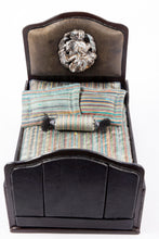 Load image into Gallery viewer, Black Faux Leather Bed with Striped Linens
