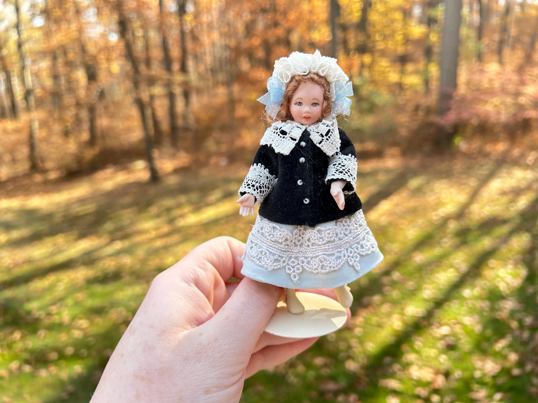 Handmade Porcelain Little Girl Doll in Victorian Coat & Blue Dress