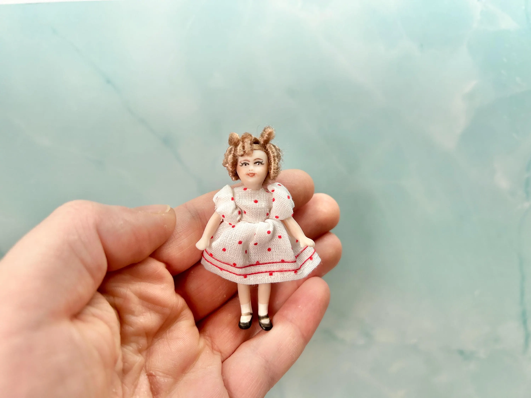Curly Shirley Blonde Hair Popular Little Girl from 1930s Small Porcelain Doll in White Dress with Red Polka Dots