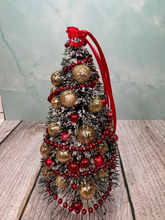 Load image into Gallery viewer, Artisan Hand Decorated Snow Frosted Medium Christmas Tree Gold Ornaments &amp; Red Bow
