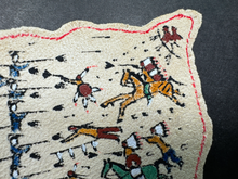 Load image into Gallery viewer, Artisan Rainbow Hand Custer's Battle Native American Line Drawing On Leather Hide
