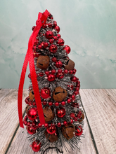 Load image into Gallery viewer, Artisan Hand Decorated Snow Frosted Medium Christmas Tree Red Ornaments , Jingle Bells &amp; Red Bow
