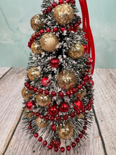 Load image into Gallery viewer, Artisan Hand Decorated Snow Frosted Medium Christmas Tree Gold Ornaments &amp; Red Bow
