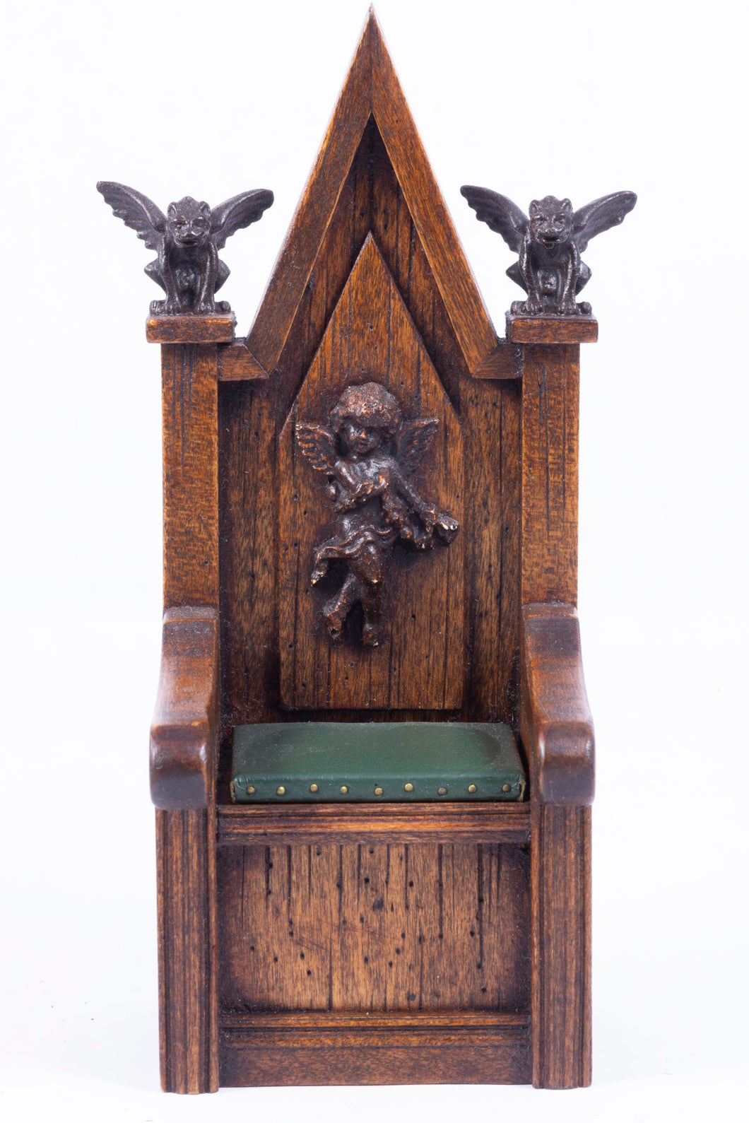 Carved Tudor / Gothic Throne with Green Leather Seat by Michael Mortimer