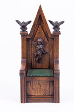 Load image into Gallery viewer, Carved Tudor / Gothic Throne with Green Leather Seat by Michael Mortimer
