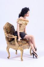 Load image into Gallery viewer, Hand made Porcelain Doll with Gold Lame Top, Legs Crossed
