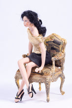 Load image into Gallery viewer, Hand made Porcelain Doll with Gold Lame Top, Legs Crossed
