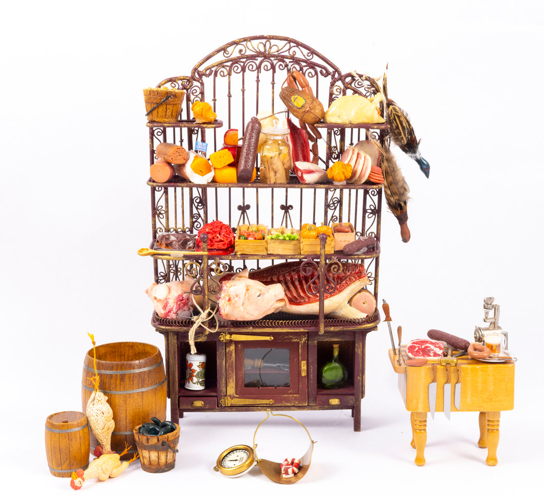 Artisan Decorated Butcher's Shelf with Old Fashioned Meats, Cheeses & Ron Bufton Scale