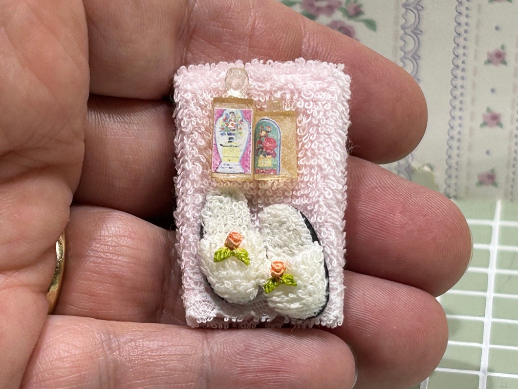 Bathroom towel with slippers & shampoo ￼