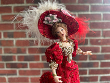 Load image into Gallery viewer, Beautiful Lady Doll in Red Victorian Dress &amp; Hat with Feather Artisan Made
