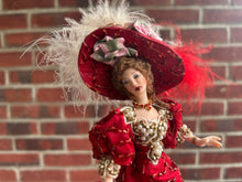 Load image into Gallery viewer, Beautiful Lady Doll in Red Victorian Dress &amp; Hat with Feather Artisan Made
