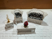 Load image into Gallery viewer, Dollhouse Miniature ~  Half Scale Artisan Peggy Taylor 4 Piece Wicker Outdoor Furniture Set
