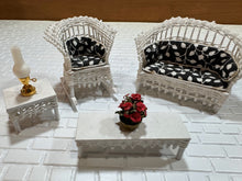 Load image into Gallery viewer, Dollhouse Miniature ~  Half Scale Artisan Peggy Taylor 4 Piece Wicker Outdoor Furniture Set
