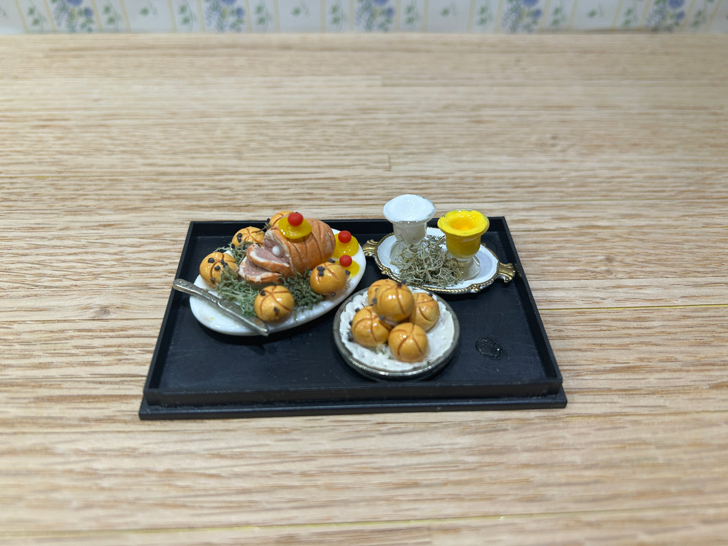 Roasted Ham Dinner with Dinner Rolls and Condiments