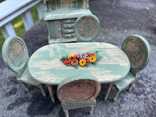 Load image into Gallery viewer, Aged Green Table &amp; Chairs with Matching Hutch and Fall Centerpiece
