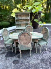 Load image into Gallery viewer, Aged Green Table &amp; Chairs with Matching Hutch and Fall Centerpiece

