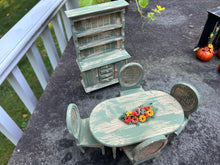 Load image into Gallery viewer, Aged Green Table &amp; Chairs with Matching Hutch and Fall Centerpiece
