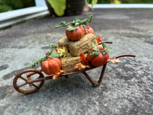 Load image into Gallery viewer, Wheelbarrow with Pumpkins &amp; Bales of Hay
