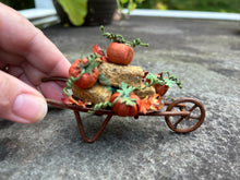 Load image into Gallery viewer, Wheelbarrow with Pumpkins &amp; Bales of Hay
