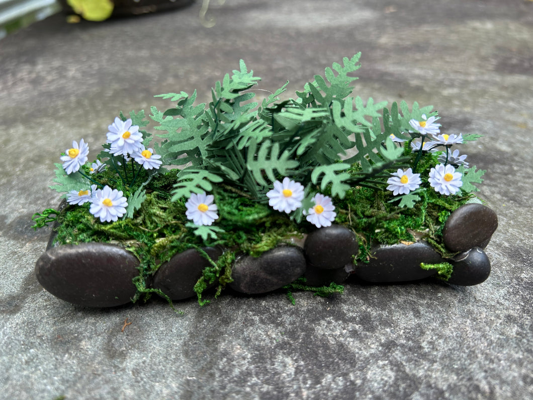 Handmade Rock Garden with Daisies and Ferns