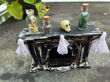 Load image into Gallery viewer, Halloween Fireplace - Wooden Fireplace Painted Black &amp; Aged with Ghosts
