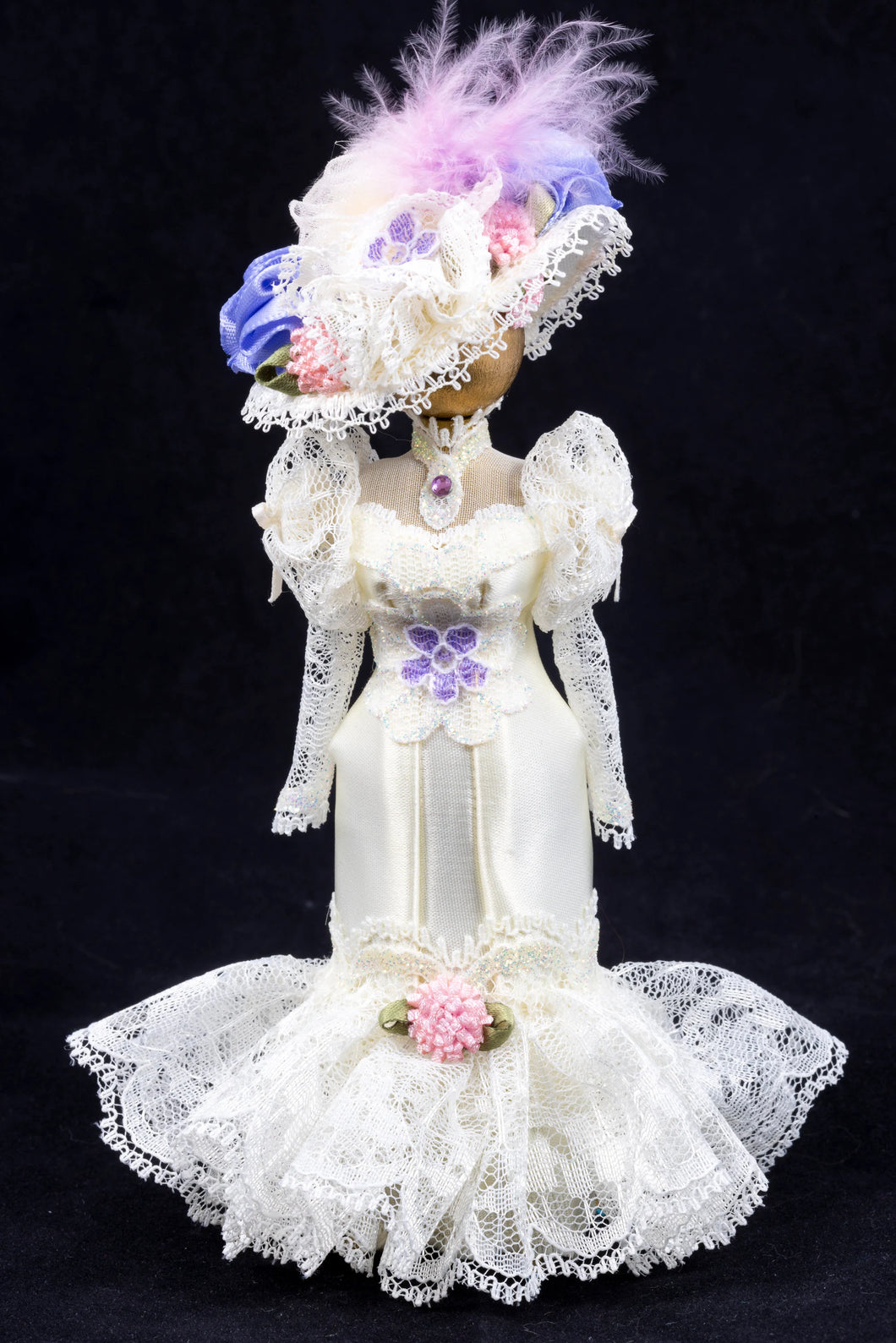 Miniature Rose Dressed Mannequin with White & Silk Dress with Hat