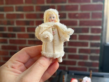Load image into Gallery viewer, Winter Porcelain Blonde Little Girl Doll in White Winter Coat Christmas Holiday

