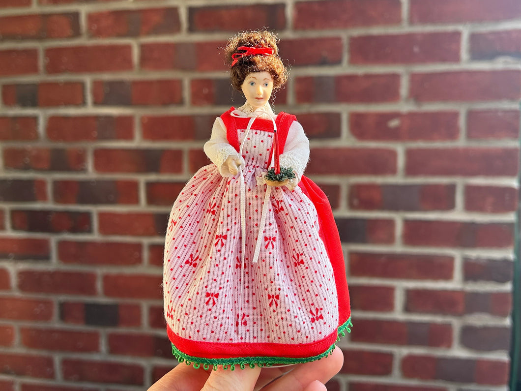 Lady Porcelain Doll in Red Christmas Holiday Outfit Holding Candle