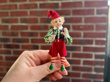 Load image into Gallery viewer, Christmas Blonde Boy Elf Doll in Green Striped Shirt and Green Elf Shoes Holiday December Winter Festive
