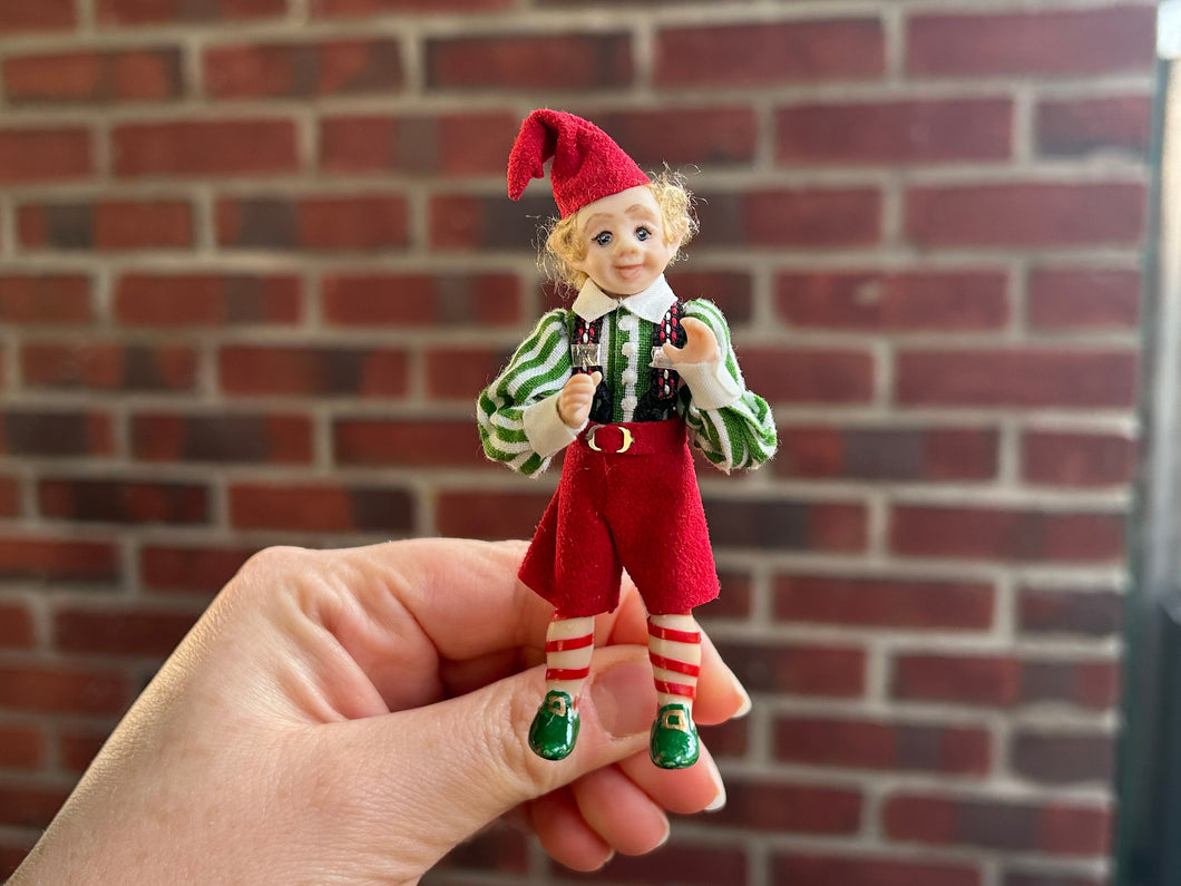 Christmas Blonde Boy Elf Doll in Green Striped Shirt and Green Elf Shoes Holiday December Winter Festive