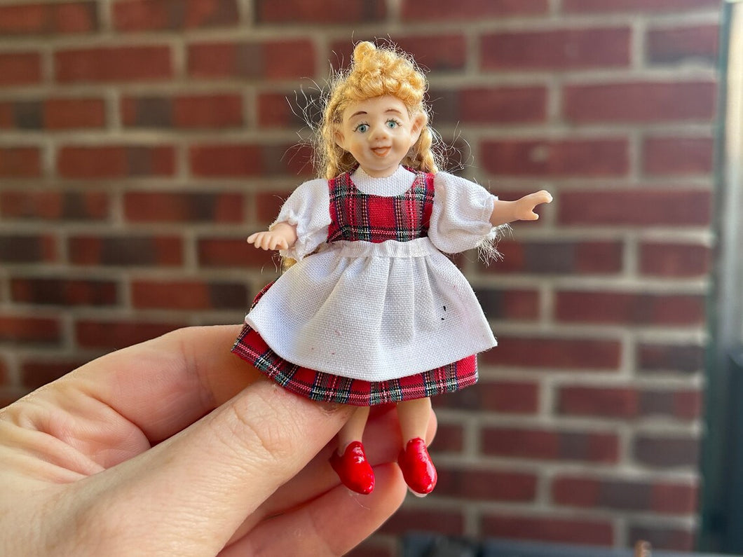 Christmas Elf Little Girl Doll in Red Plaid Tartan Dress and White Apron