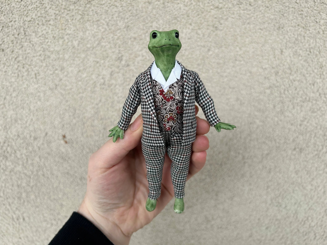 Frog Animal Doll in Gingham Trousers and Green Coat