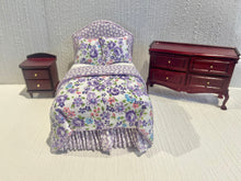 Load image into Gallery viewer, Dollhouse Miniatures ~ 3 Piece Bed Set - Purple Bed, Dresser, Nightstand for Little Girl
