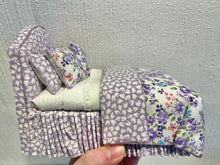 Load image into Gallery viewer, Dollhouse Miniatures ~ 3 Piece Bed Set - Purple Bed, Dresser, Nightstand for Little Girl
