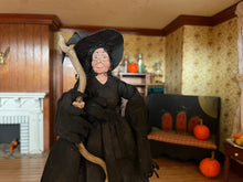 Load image into Gallery viewer, Dollhouse Miniature ~ Halloween Witch Doll in Black Hat &amp; Robe w/ Broomstick Marcia Backstrom
