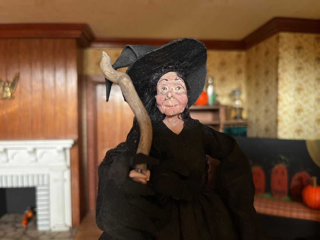 Dollhouse Miniature ~ Halloween Witch Doll in Black Hat & Robe w/ Broomstick Marcia Backstrom