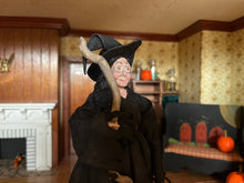 Load image into Gallery viewer, Dollhouse Miniature ~ Halloween Witch Doll in Black Hat &amp; Robe w/ Broomstick Marcia Backstrom
