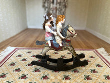 Load image into Gallery viewer, Dollhouse Miniatures ~ Taller Targione 2 Little Girl Dolls on Rocking Horse Toy
