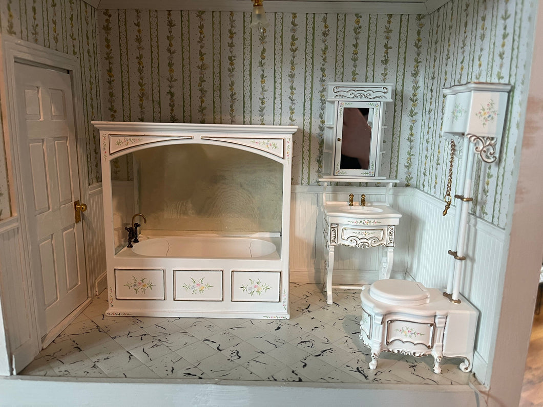 Dollhouse Miniatures ~ JBM 4 Piece White Wooden Bathroom Set - Bath Tub, Sink, Toilet, & Medicine Cabinet with Mirror