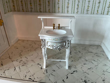 Load image into Gallery viewer, Dollhouse Miniatures ~ JBM 4 Piece White Wooden Bathroom Set - Bath Tub, Sink, Toilet, &amp; Medicine Cabinet with Mirror
