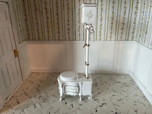 Load image into Gallery viewer, Dollhouse Miniatures ~ JBM 4 Piece White Wooden Bathroom Set - Bath Tub, Sink, Toilet, &amp; Medicine Cabinet with Mirror
