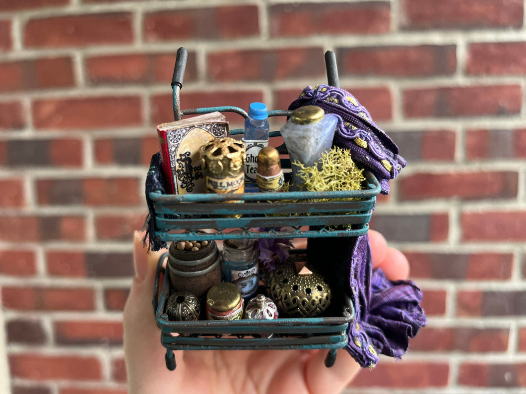 Dollhouse Miniatures ~ Halloween Rolling Cart full of Potions with Purple Witch’s Robe