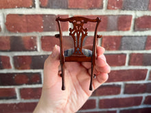 Load image into Gallery viewer, Dollhouse Miniatures ~ John Hodgson 1997 Resincast Wooden Arm Chair with Blue &amp; Green Striped Cushion
